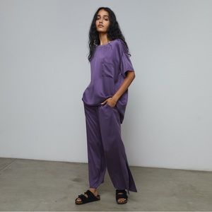Lunya Silk Pajama Pants in Flying Fig (Purple); Large.